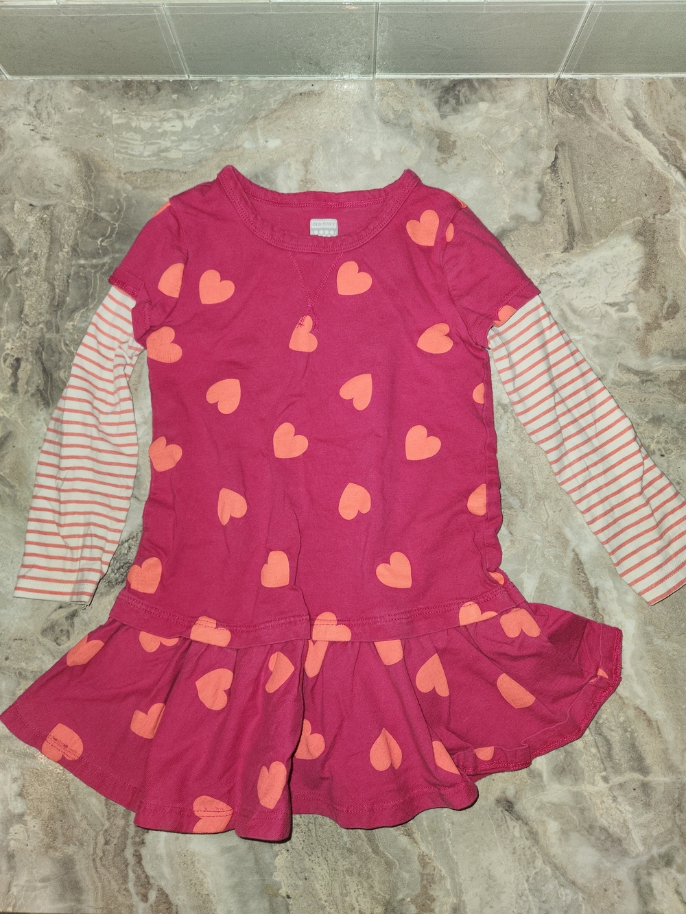 Old Navy Pink Dress with Peach Hearts and Striped Sleeves